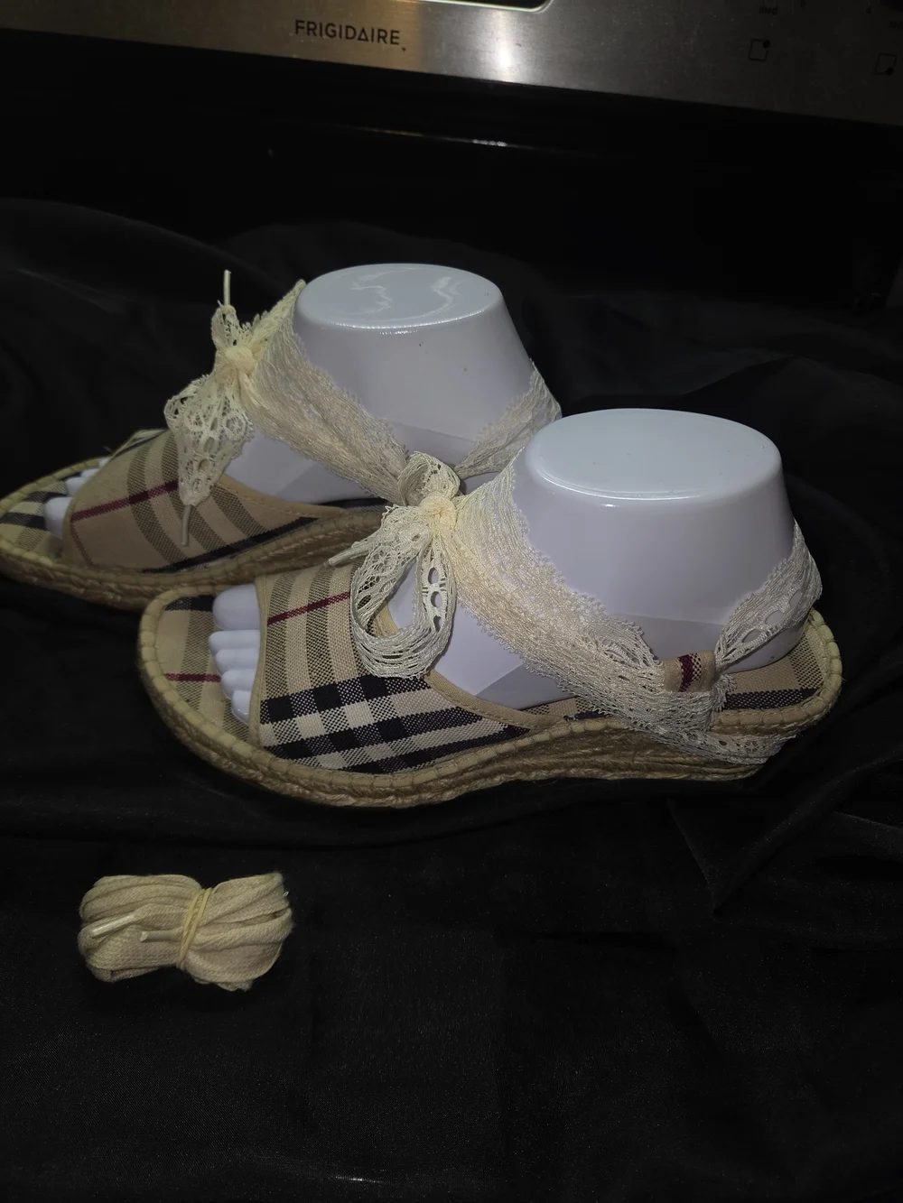 Burberry Beige Plaid Lace-Up Espadrille Sandals